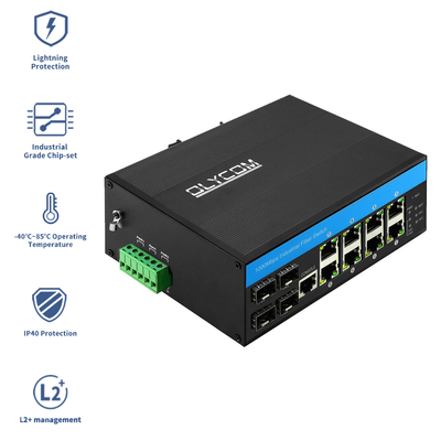 12 Port Yönetilen DC48v Endüstriyel Poe Değiştiricisi Din Rail Gigabit Ethernet Fiber Değiştiricisi