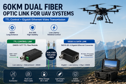son şirket davası hakkında UAV sistemleri için 60KM çift fiber optik bağlantı: TTL kontrolü + Gigabit Ethernet Video iletimi