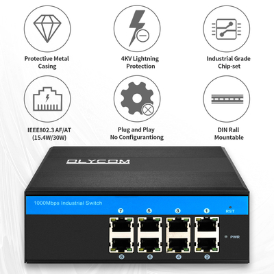 Gigabit Endüstriyel Yönetilmeyen PoE Medya Dönüştürücü 8 Port 120W 240W DC48V Çıktı