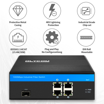 100 / 1000M 5 Bağlantı Noktalı Ethernet POE Fiber Anahtarı Yönetilmeyen SFP Yuvası Af / 120W'da