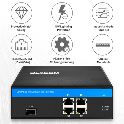 Gigabit 5 Port Ethernet POE Fiber Switch 120W Bütçe Yönetilmeyen Endüstriyel SFP Slot