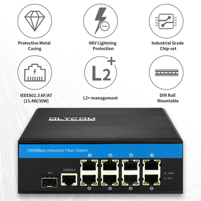8 Port Endüstriyel Yönetilebilir PoE Switch 2.5G SFP Uplink Gigabit Ağ Dayanıklı Kasa CE