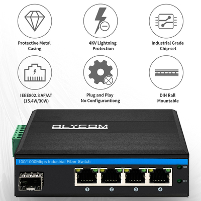 5 Port SFP PoE Değiştirici Gigabit Ağı PoE/PoE+ 120W Bütçe DC48V Fansiz CE FCC