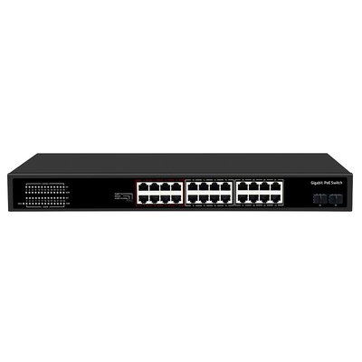 24 Port CCTV PoE Değiştiricisi Gigabit Ağı SFP Optik Uplink Yönetilmeyen 300W Bütçe