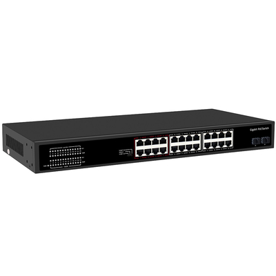 24 Port CCTV PoE Değiştiricisi Gigabit Ağı SFP Optik Uplink Yönetilmeyen 300W Bütçe