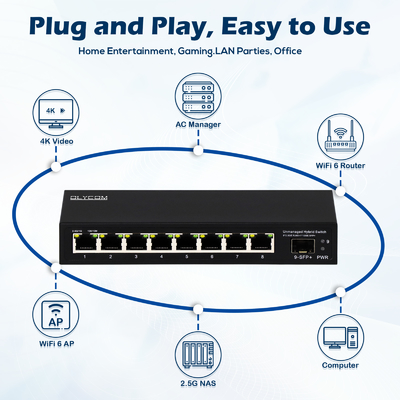 9 Port Yönetilmeyen 2.5G Ethernet Değiştiricisi 10G Uplink SFP Port ile 60Gbps Arkaplan Bant Genişliği
