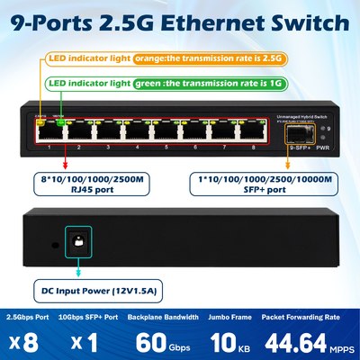 9 Port Yönetilmeyen 2.5G Ethernet Değiştiricisi 10G Uplink SFP Port ile 60Gbps Arkaplan Bant Genişliği