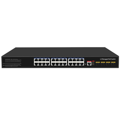 24 Port PoE Switch 10G Fiber300W Bütçe USB Konsolu L3 Yönetilen AC Girişi