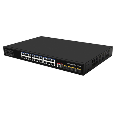 24 Port PoE Switch 10G Fiber300W Bütçe USB Konsolu L3 Yönetilen AC Girişi