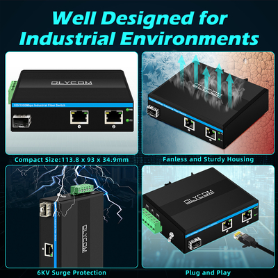 Gigabit optik fiber dönüştürücü Din Network Switch DC12-52V Çift güç girişi