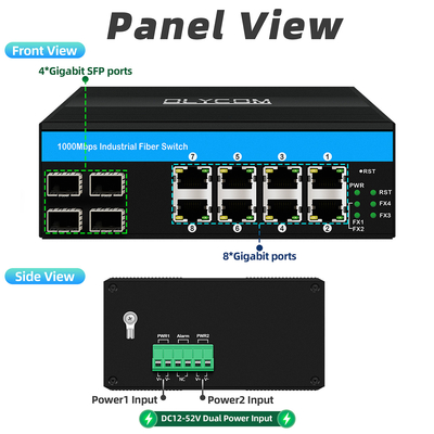 12 Port Endüstriyel Ethernet Değiştiricisi Din Ağ Değiştiricisi 4SFP+8RJ45 DC12-52V Çift Güç kaynağı