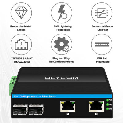 2 SFP + 2 RJ45 bağlantısı olan endüstriyel POE anahtarı 6KV artış koruması ve dış mekan kullanımı için DC48V güç girişi