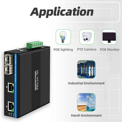 2 SFP + 2 RJ45 bağlantısı olan endüstriyel POE anahtarı 6KV artış koruması ve dış mekan kullanımı için DC48V güç girişi