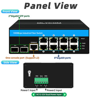Sağlam Yönetilen Ethernet Anahtarı Vitesse yonga seti 2 SFP 8 SNMP yönetimine sahip RJ45 endüstriyel ethernet anahtarı