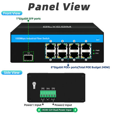 8 Port Endüstriyel POE Switch, 6KV Dalgalanma Koruması ve CCTV Sistemleri için 240W Toplam Bütçe