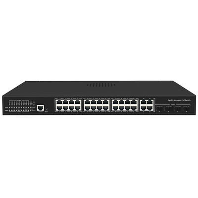 24 Port Ticari Yönetilen PoE Değiştiricisi 300W Bütçe 4 Gigabit Uplinks Tek AC Güçlü