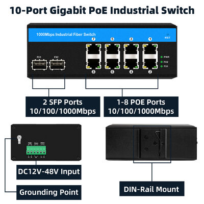 240W Güç Bütçesi DC12-48V Geniş Voltaj Girişi Gigabit 8 Port Güneş Enerjili PoE Anahtar, Güneş Enerjisi Sistemi ve Araç İçin