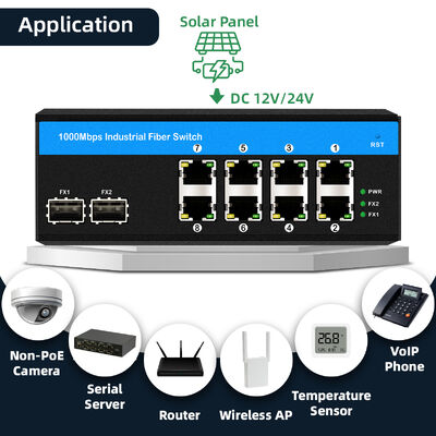 240W Güç Bütçesi DC12-48V Geniş Voltaj Girişi Gigabit 8 Port Güneş Enerjili PoE Anahtar, Güneş Enerjisi Sistemi ve Araç İçin