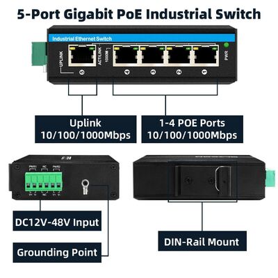 Güneş Enerjisi Sistemi için 4 Port Voltaj Güçlendirici PoE Değiştiricisi DC12-48V Giriş